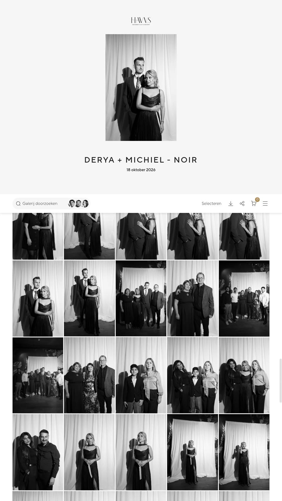 Scrollende weergave van een echte online fotogalerij vol zwart-wit Portrait Noir portretten